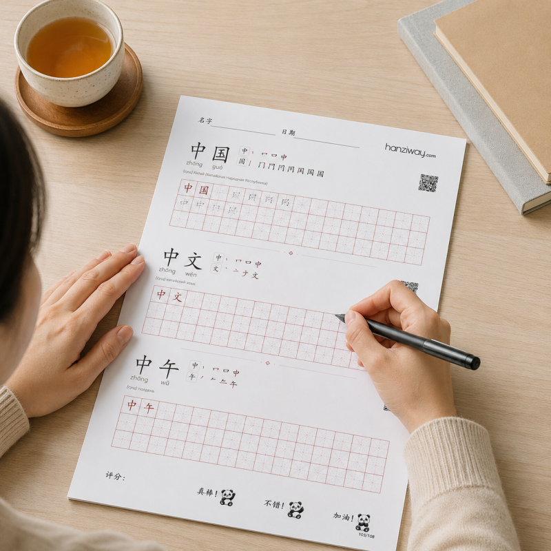 Practising with a printed Hanziway handwriting worksheet