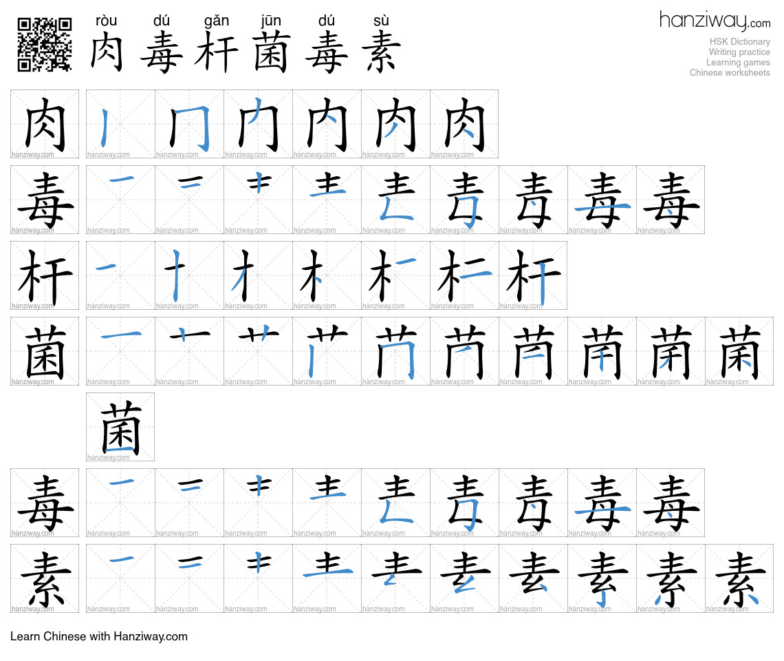 肉毒杆菌毒素 (ròu dú gǎn jūn dú sù) - English translation, writing, stroke ...