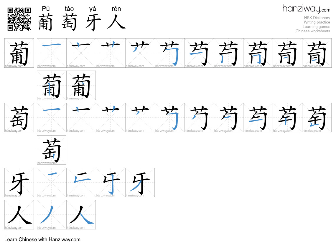 葡萄牙人 (Pú táo yá rén) - English translation, writing, stroke order ...