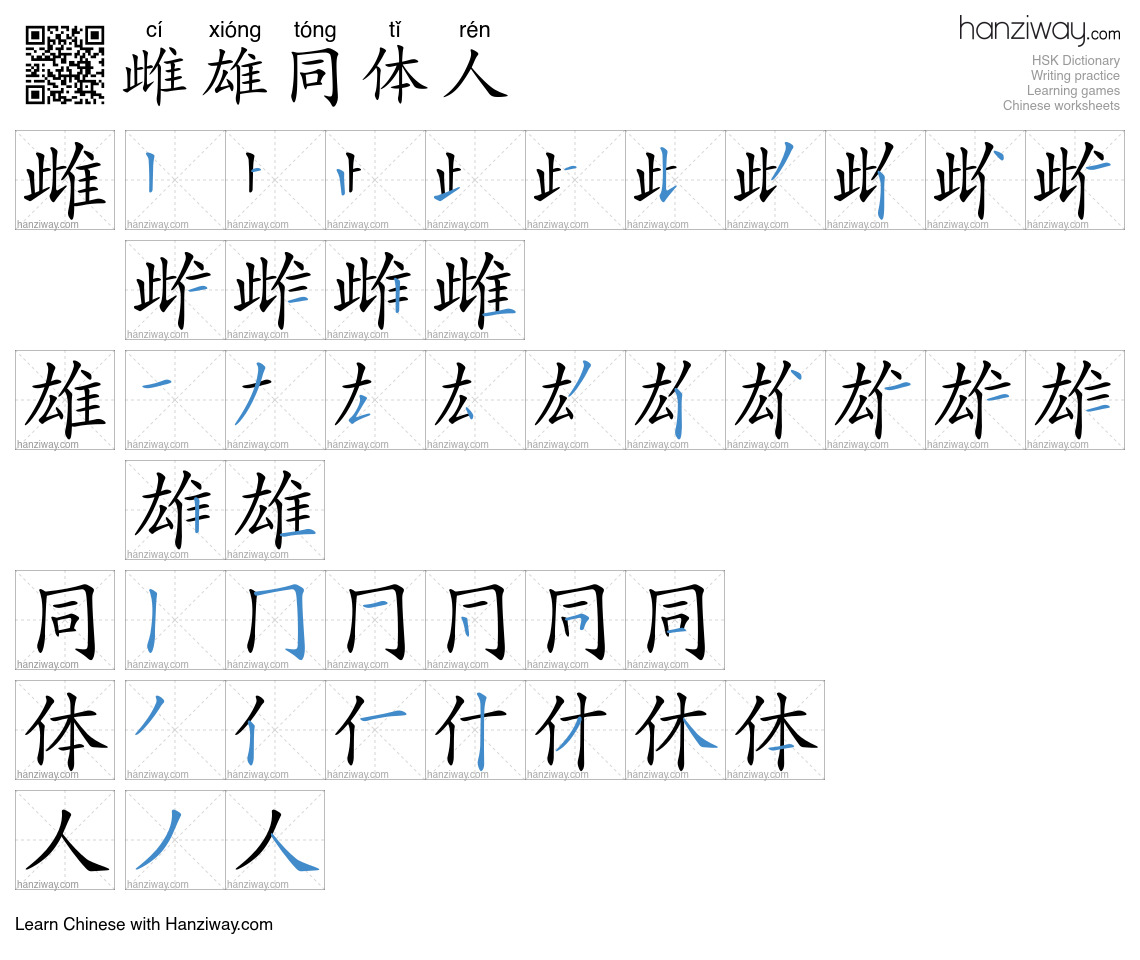 雌雄同体人 (cí xióng tóng tǐ rén) - English translation, writing, stroke ...