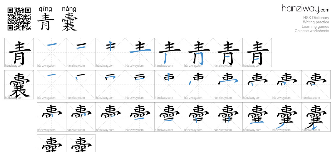 青囊 (qīng náng) - English translation, writing, stroke order, audio ...