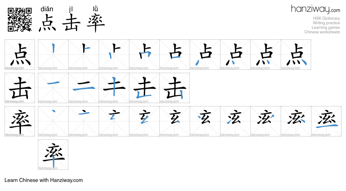 点击率 (diǎn jī lǜ) - English translation, writing, stroke order, audio ...