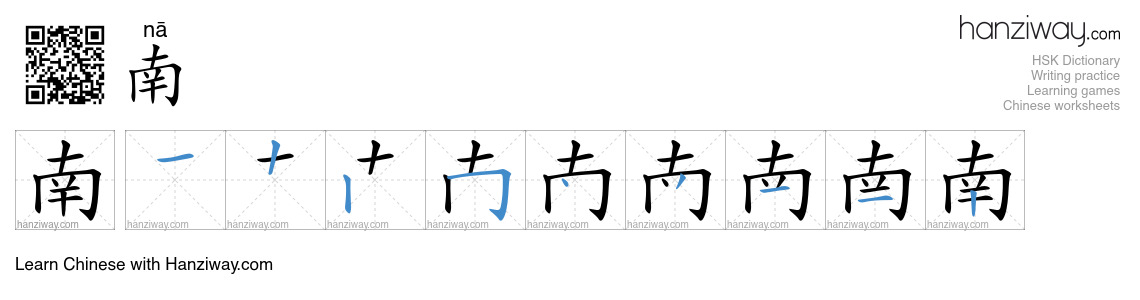 南 (nā) - English translation, writing, stroke order, audio | Hanziway