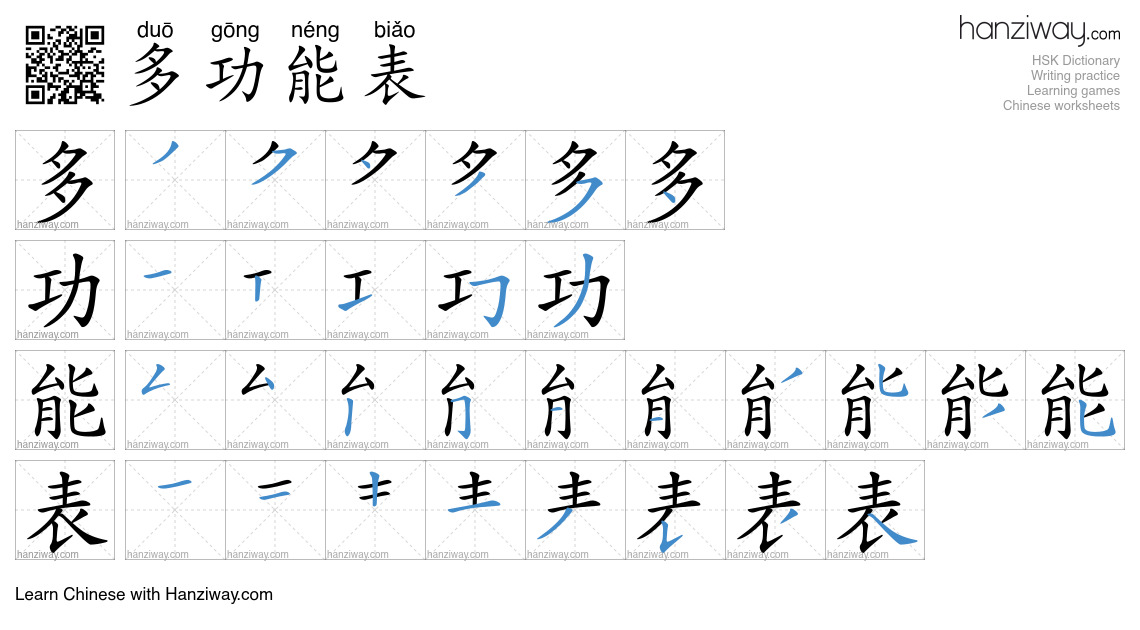 多功能表 (duō gōng néng biǎo) - English translation, writing, stroke order ...