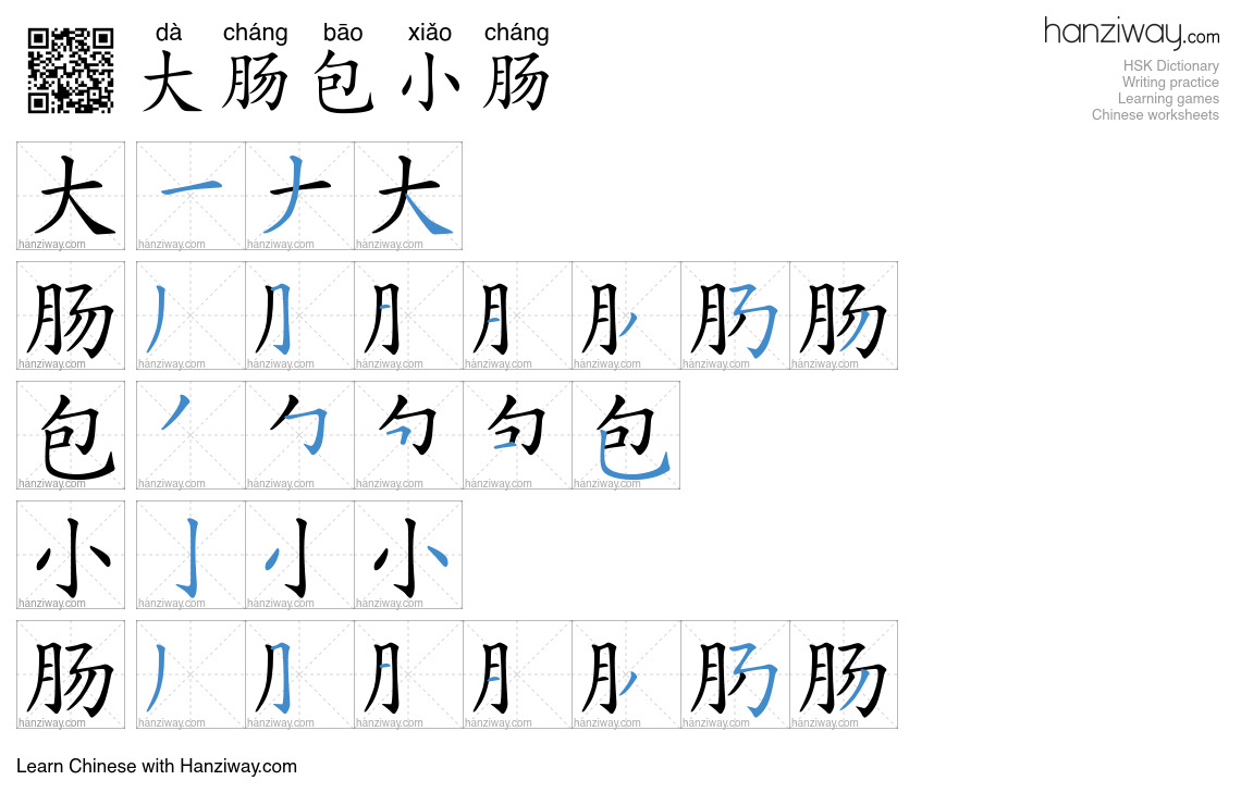 大肠包小肠 (dà cháng bāo xiǎo cháng) - English translation, writing, stroke ...