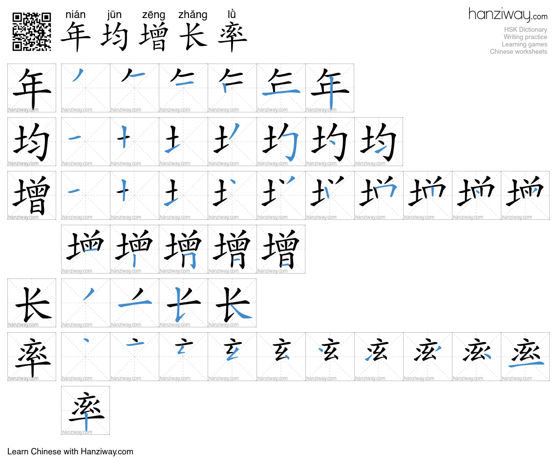 年均增长率 (nián jūn zēng zhǎng lǜ) - English translation, writing, stroke ...