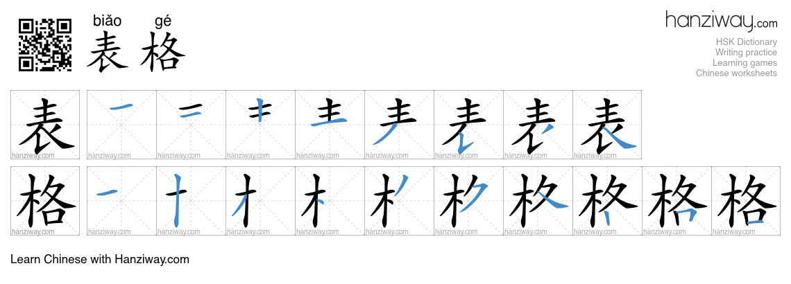 Character 表格 stroke orders