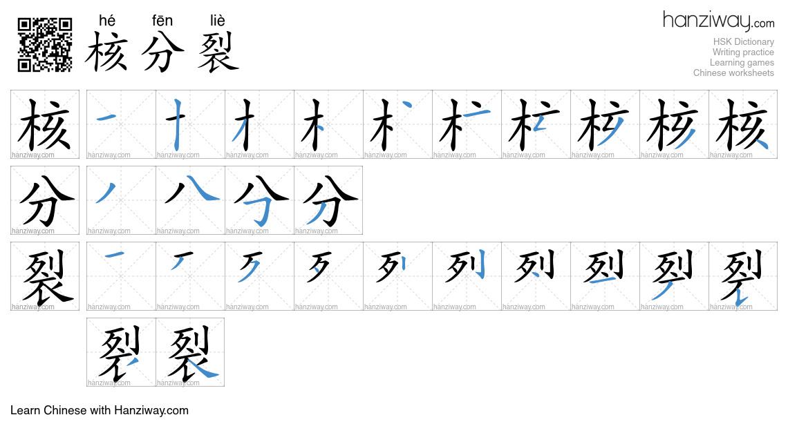 核分裂 (hé fēn liè) - English translation, writing, stroke order, audio ...