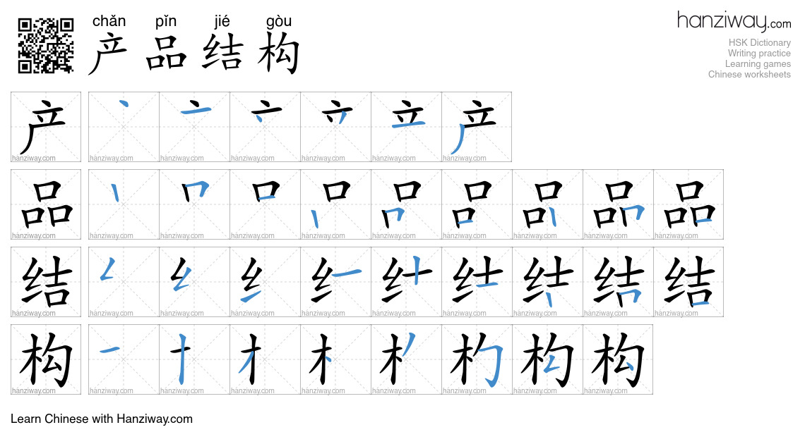 产品结构 (chǎn pǐn jié gòu) - English translation, writing, stroke order ...