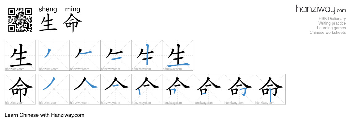 Character 生命 stroke orders