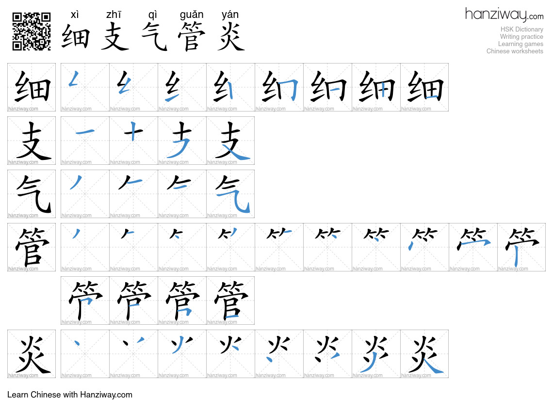 细支气管炎 (xì zhī qì guǎn yán) - English translation, writing, stroke order ...